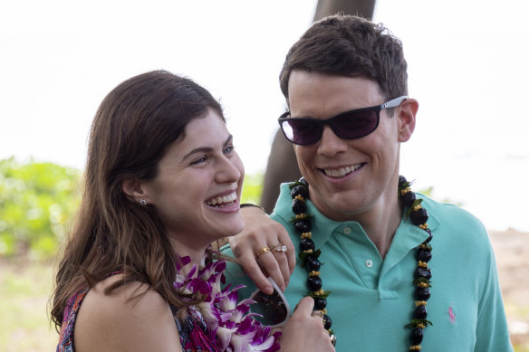 Jake Lacy and Alexandra Daddario as a newly married couple in The White Lotus.