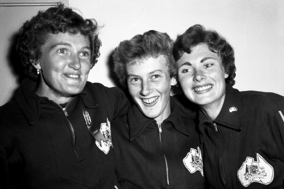 Australian teammates (from left) Norma Croker, Betty Cuthbert and Marlene Mathews, pictured at the 1956 Melbourne Olympic Games on 30 November 1956.