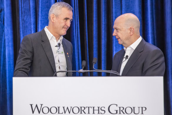 Woolworths CEO Brad Banducci (l) and chairman Gordon Cairns have apologised for the company’s failings when planning to build the Dan Murphy’s site.