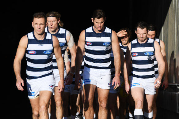 Veterans on show: Joel Selwood,Tom Hawkins and Patrick Dangerfield.