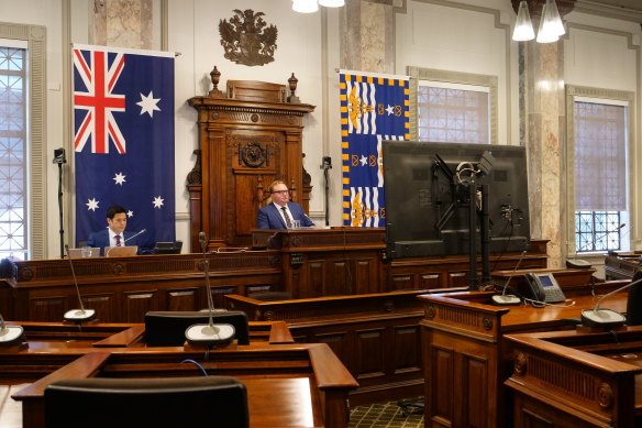 Then Brisbane City Council chair Andrew Wines leading a Zoom-based council meeting during the pandemic.