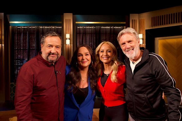 Mick Molloy (left) and Glenn Robbins with two of their celebrity co-hosts, Kate Langbroek (left) and Carrie Bickmore, on Glenn and Mick’s Celebrity Intervention. 