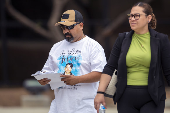 Francisco Rodriguez wears a T-shirt with an image of his son, Javier Rodriguez, who was killed.