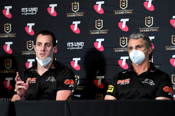 Isaah Yeo and Ivan Cleary during the NRL grand final press conference.