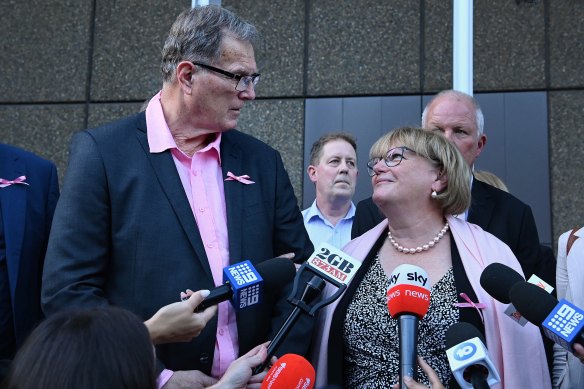Lynette Dawson’s brother Greg Simms and his wife Merilyn Simms speak to the media after the verdict.