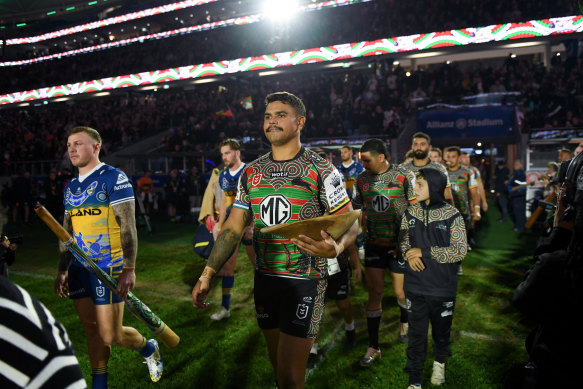 Latrell Mitchell leading Souths onto the field in round 12.