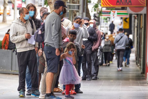 People queue for testing in Melbourne’s CBD on Thursday.