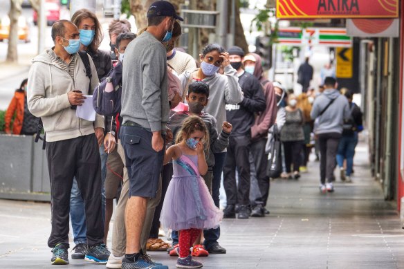 People queue for testing on Russell Street on Thursday morning.