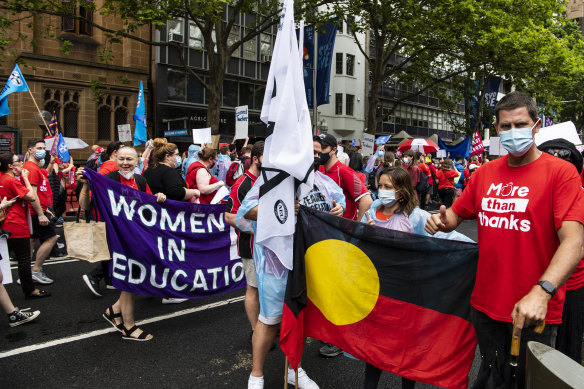 NSW teachers protest on December 7 outside NSW Parliament House over poor pay conditions.