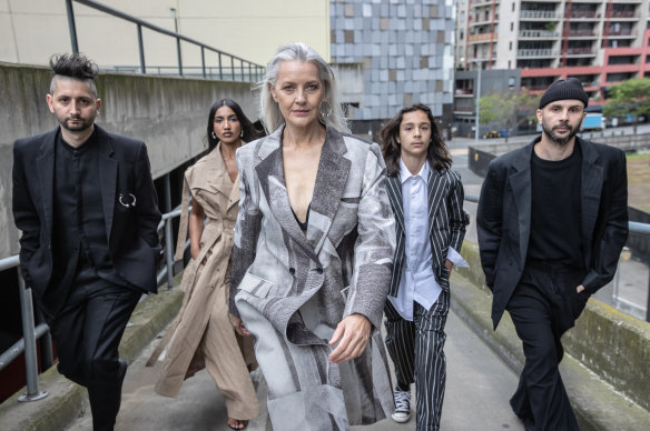 Staying homegrown … Strateas Carlucci designers Peter Strateas (left) and Mario-Luca Carlucci (right) with models, including 13-year-old Ryder Carlucci.