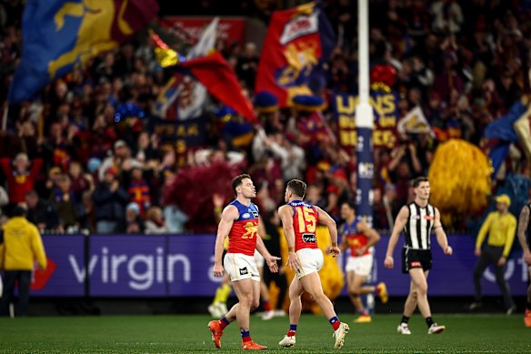 Lachie Neale and Dayne Zorko of the Lions.