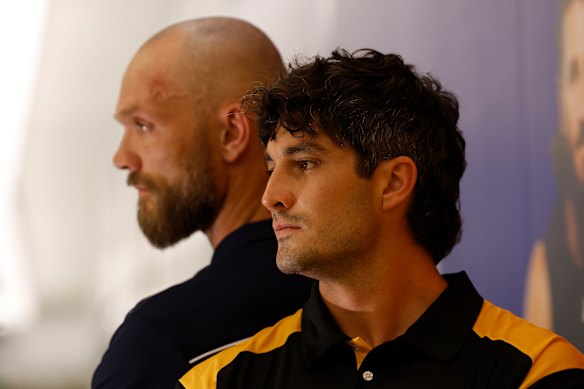Max Gawn and Tom Barrass arrive at Perth Airport.