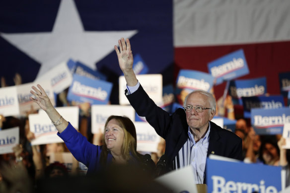 Democratic presidential candidate  Bernie Sanders celebrates his Nevada result with his wife Jane, at a campaign event in San Antonio.