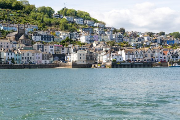 View across River Dart estuary to Dartmouth from Kingswear, Devon, England.