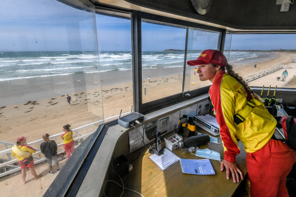 Lifeguard Gabrielle Hannan in the lookout tower at Ocean Grove. 