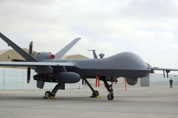 An US MQ-9 drone on display during an air show at Kandahar Airfield, Afghanistan, in January 2018.