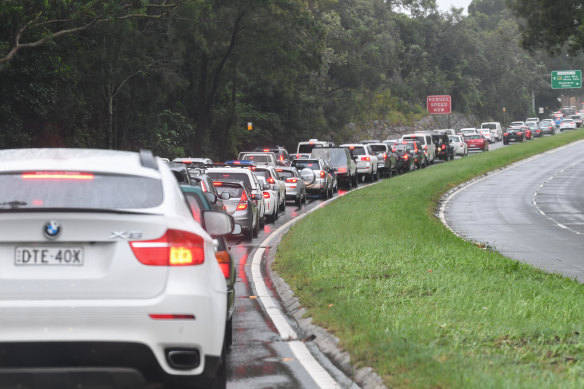 Traffic heading into Sydney’s northern beaches on Tuesday during heavy rain.