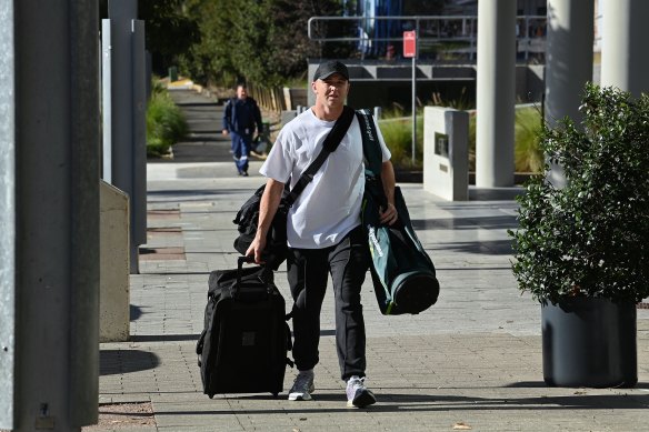 Dylan Edwards arrives at the NSW team hotel on Monday.