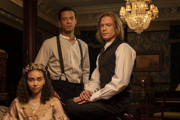 Bailey Bass as Claudia, Jacob Anderson as Louis De Point Du Lac and Sam Reid as Lestat De Lioncourt.