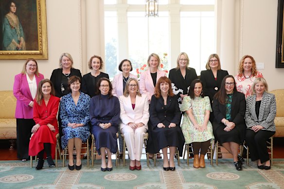 Premier Jacinta Allan with women members of cabinet being sworn in after she took the leadership in 2023.