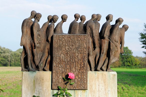 A moving memorial sculpture depicting the death march of Dachau concentration camp inmates.