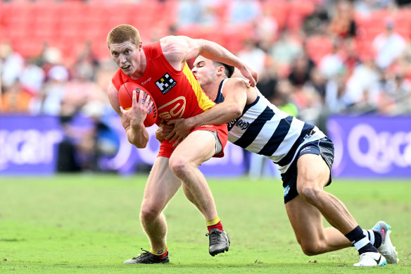 Gold Coast’s contest king Matt Rowell in action against Geelong.