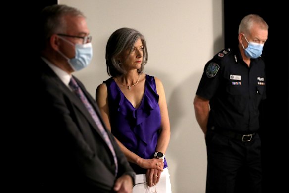 South Australian Health Minister Stephen Wade, Chief Public Health Officer Nicola Spurrier and Police Commissioner Grant Stevens. 