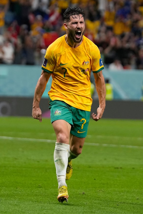 Mathew Leckie rejoices as he scores the winner against Denmark.