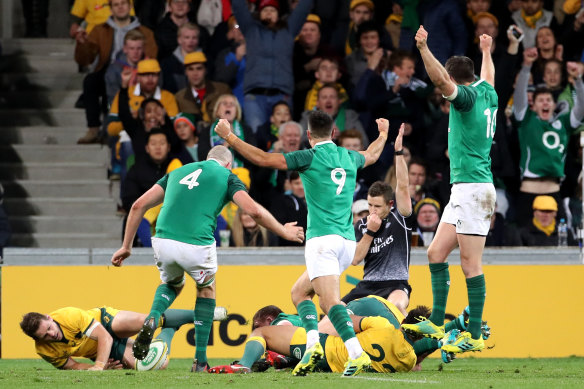 Irish players celebrate a try during the second Test.
