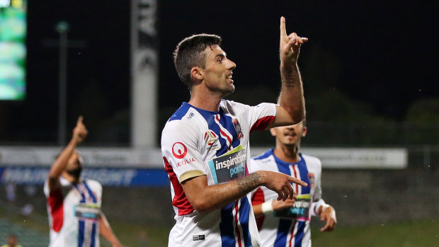 Making the difference: Jason Hoffman celebrates his match-winning goal in Auckland.