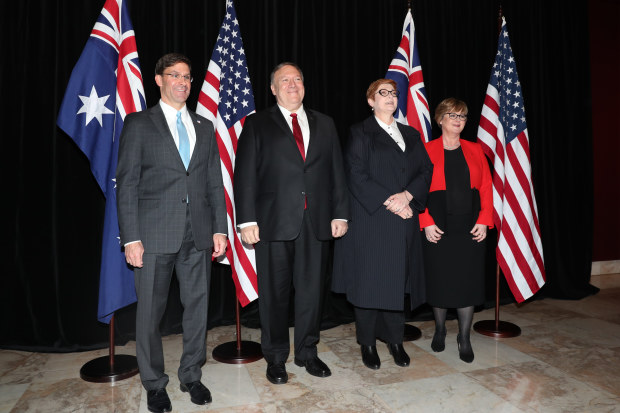The US Secretary of Defence, Mark Esper, the US Secretary of State, Mike Pompeo, Foreign Affairs Minister Marise Payne and Defence Minister Linda Reynolds at the AUSMIN talks in Sydney  on Sunday.
