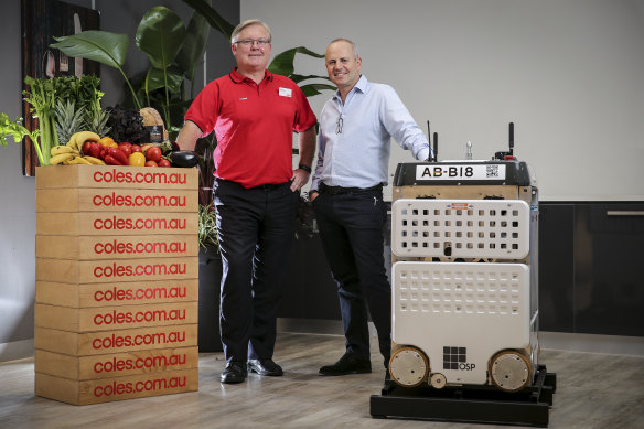 Former Coles boss Steven Cain with Ocado CEO Tim Steiner. Ocado is building two automated fulfilment centres for the supermarket giant.
