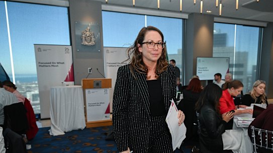 Treasurer Jaclyn Symes addresses the media on Tuesday.