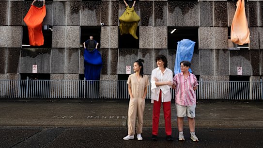 Choreographer Charmene Yap, artist Lauren Brincat and sound artist Evelyn Ida with five dancers on Francis Martin Drive, near the Prince of Wales Hospital,  ahead of their live performance called ‘When do I breathe’ that will take place in Randwick on Wednesday evening.