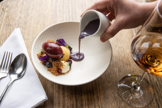Blueberry milk, frangipane, yoghurt and blueberry sorbet