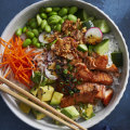 Salmon rice bowls with teriyaki dressing.