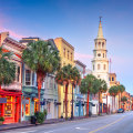 Last rays of the sun on the colourful buildings in the historic district of Charleston, South Carolina.