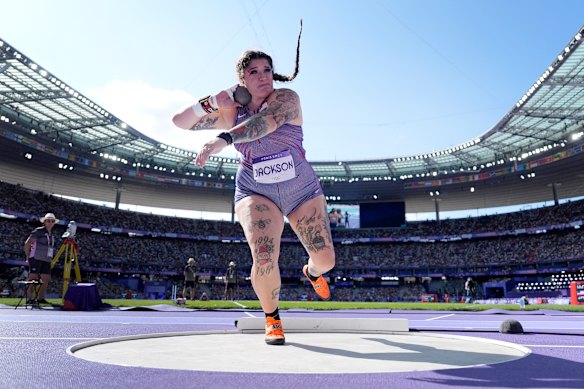 Chase Jackson of the United States competes during the women’s shot put qualification.