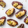 Peanut putter stuffed dates (with optional pistachios) are a healthy snack.