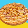 Pizza topped with bacon, cheese, French fries and mayonnaise.