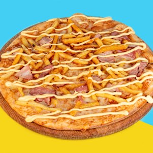 Pizza topped with bacon, cheese, French fries and mayonnaise.