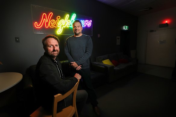 Series producer Andrew Thompson (left) and showrunner Jason Herbison in the Neighbours studio in Melbourne as the final episodes were being shot this week.