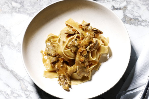 Pappardelle with duck ragout and porcini mushrooms.