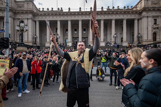 Travis Lovett at the end of the Walk for Truth at Parliament House.