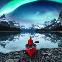 The stunning aurora borealis from as far south as Maligne Lake in Alberta’s Jasper National Park.