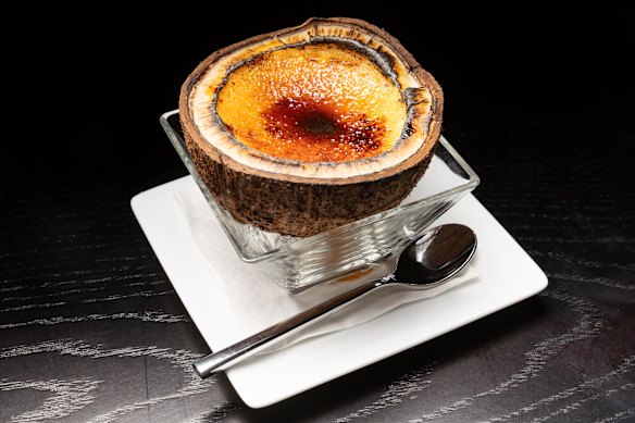 Coconut creme brulee is served in the fruit.
