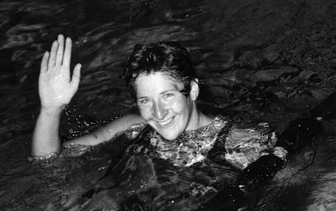 Australia’s Dawn Fraser in the water after winning gold at the 1962 Perth Commonwealth Games. She had just broken the world record for the 110 yards freestlye.