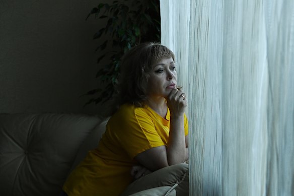 Alyona Lapchuk at a relative’s home in Kyiv before travelling to give evidence at The Hague about her husband Vitaliy Lapchuk’s torture and murder by Russian soldiers in Kherson.