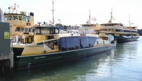 One of Sydneyâs new, problem-plagued River-class ferries at the Balmain Yard in Sydney on Wednesday.