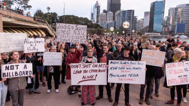 Protesters rallying against the use of the Opera House as a billboard on Tuesday.